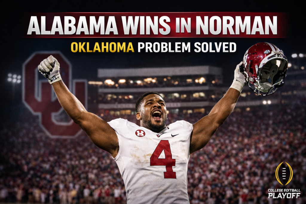 Alabama football player celebrates a road win in Norman with arms raised, blurred Oklahoma stadium in the background, and text reading “Alabama Wins in Norman – Oklahoma Problem Solved.”