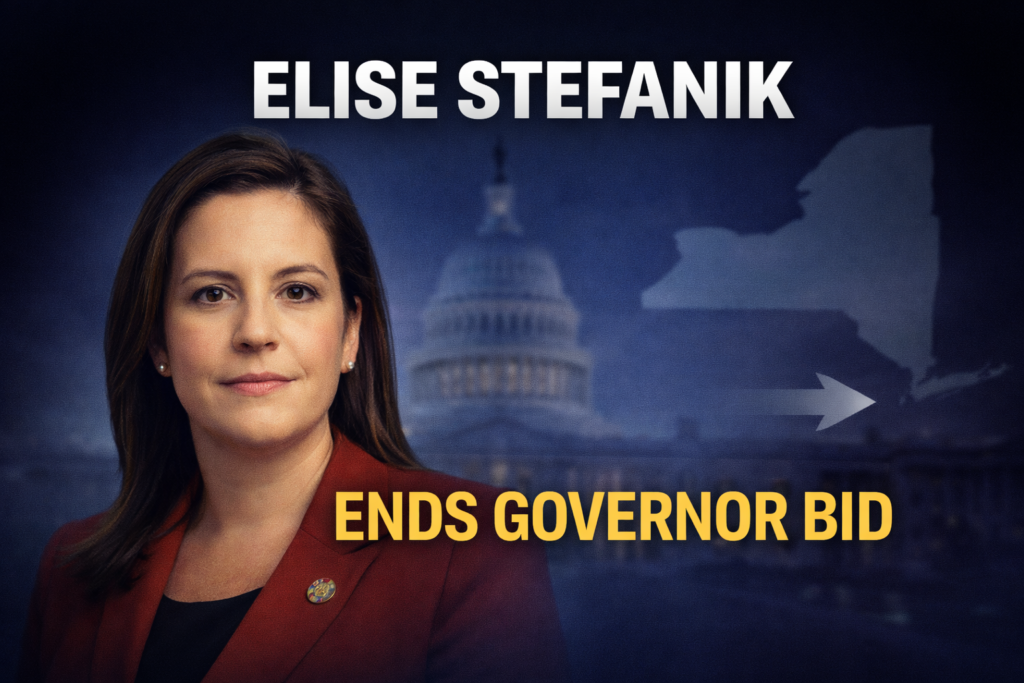 News-style thumbnail showing Elise Stefanik with a calm expression against a blurred US Capitol background, with text reading “Elise Stefanik Ends Governor Bid” and a faded New York state outline indicating her exit from the race.