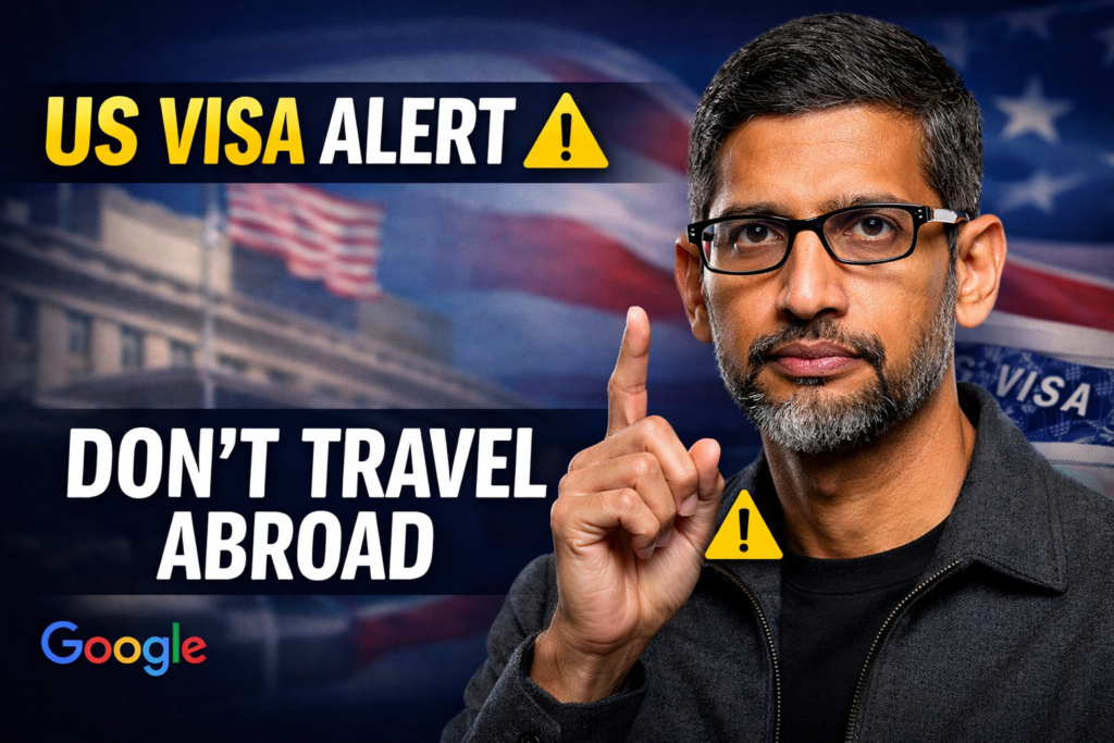 Google CEO Sundar Pichai giving a serious warning to employees, with US visa alert message, blurred US embassy background, American flag texture, and travel advisory theme