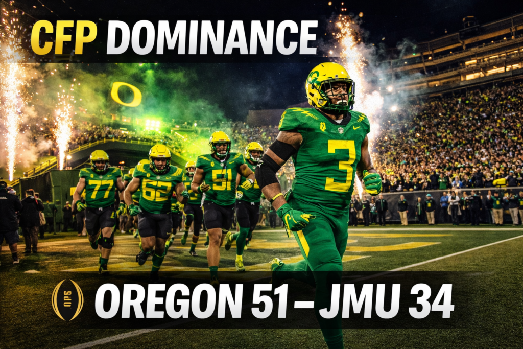 Oregon Ducks football players run out of the Autzen Stadium tunnel with fireworks and bright green-yellow lights, showing CFP dominance in a playoff win over James Madison