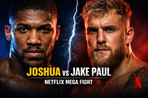 Split-screen boxing thumbnail showing Anthony Joshua on the left under blue lighting and Jake Paul on the right under red lighting, separated by a lightning bolt, with text “Joshua vs Jake Paul – Netflix Mega Fight.”