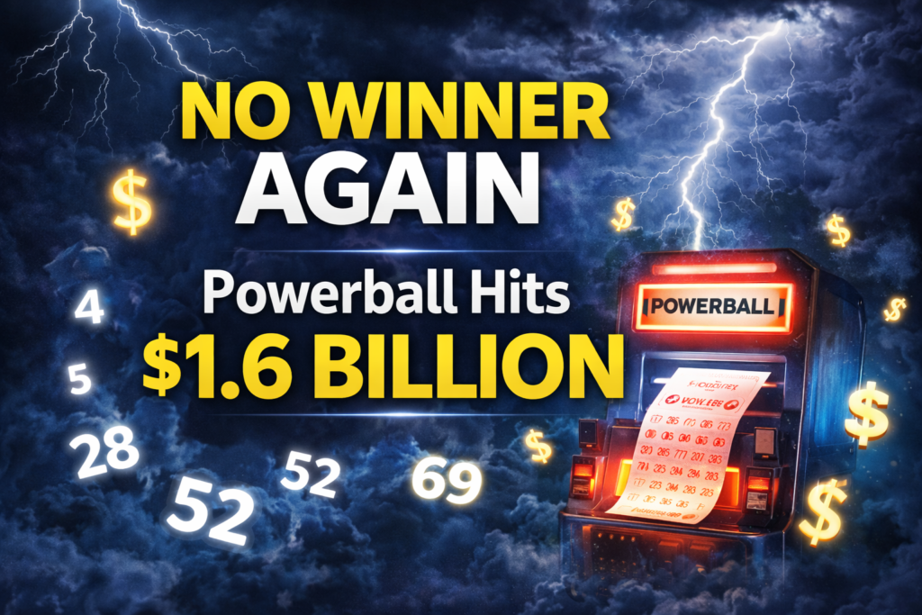 Powerball jackpot graphic showing a glowing lottery machine under a dark stormy sky, with text highlighting no winner and the prize reaching $1.6 billion.