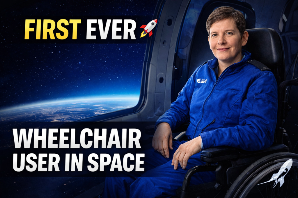 Michaela Benthaus sitting confidently in a space capsule with her wheelchair visible, Earth glowing below through the window, marking the first wheelchair user to travel to space