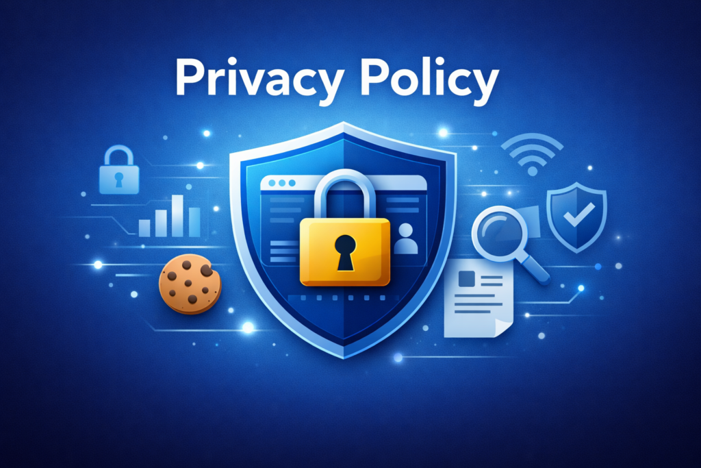 Website privacy policy concept with shield, lock, and user data protection icons
